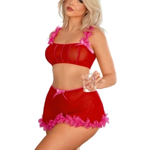 Two-piece red mesh lingerie set with floral ruffles and satin bows on a model