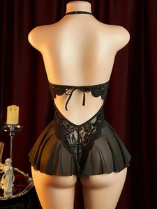 Lace teddy lingerie featuring deep V-neck, open back halter design and mesh skirt detail