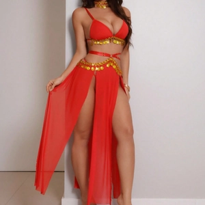 Women Sexy Red Exotic Performance Costume Top And High Split Skirt With Gold Coins Belly Dance Lingerie Exotic Dancewear