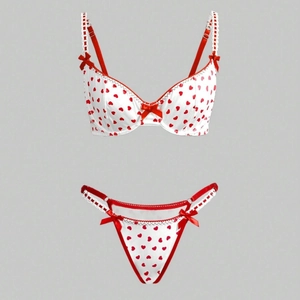 Sexy Heart Print Bikini Lingerie Top And Bottom Women Polyester Lace Up Bow Detail Push Up Intimate Apparel