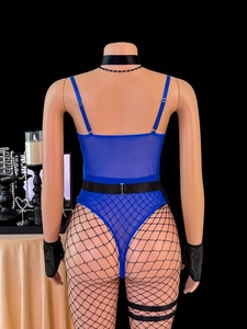 Detail view of royal blue mesh lingerie bodysuit with back lace-up and waist belt