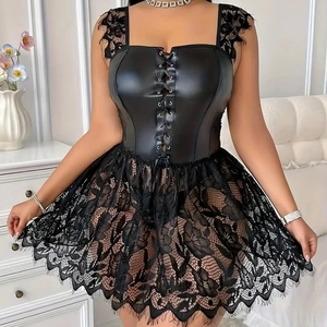 Women Plus Size Sexy Lingerie Lace Patchwork PU Leather Corset Bodycon Dress Strappy Nightwear Party Club Mini Dress