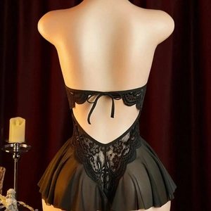 Sexy black lace teddy lingerie with backless halter design and pleated mesh skirt