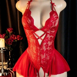 Sexy deep V neck red lace bodysuit lingerie with halter strap and mesh hem detail