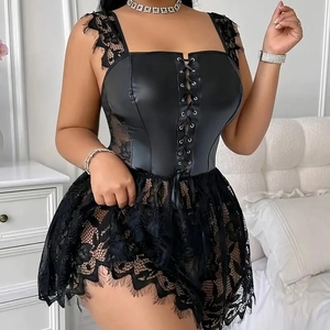 Sexy black faux leather corset dress with lace panels and silver eyelet lace-up front detail