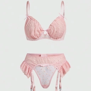 Pink Heart Mesh Lingerie For Women With Ruffles Bow Top And Bottom Sensual Nightwear Underwire Bra Garter Belt Thong