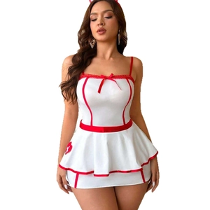 Sexy nurse cosplay lingerie set with white dress, red bow and heart cross applique