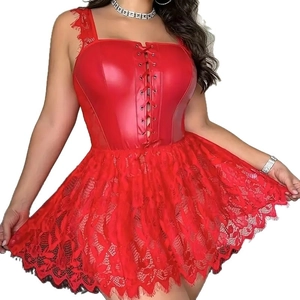 Sexy red lace and faux leather corset mini dress with front lace-up detail and ruffled hem