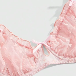Sexy pink lace bra set with mesh heart patterns and delicate bow ribbon details