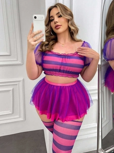 Costume trois pièces rayé violet style Chat du Cheshire avec jupe en tulle