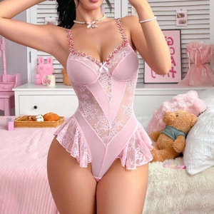 Body en Maille Dentelle Rose pour Femme Lingerie Sexy Bretelles Florales Ourlet à Volants Doux Nuisette Nœud Nuit Romantique