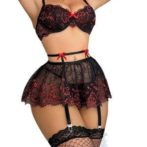Sexy black and red lace lingerie set with floral patterns and red bow decorations