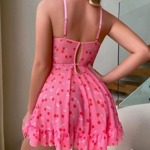Pink heart and cherry print lingerie dress with open back and delicate mesh ruffles