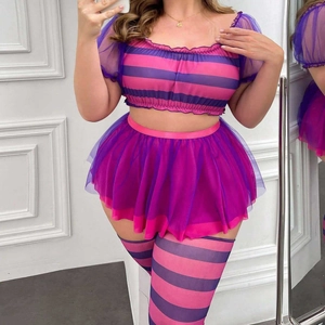 Ensemble de Lingerie Sexy Grande Taille en Maille Rayée Costume de Servante Avec Crop Top Jupe Tutu et Bas pour Femme Fête