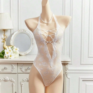Women Sexy Lace Bodysuit Deep V Halter Neck See Through Lingerie Criss Cross Straps Floral Embroidery Rhinestone Buckle Sleepwear