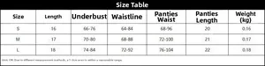Size chart showing S-L measurements for the leopard mesh lingerie set in CM