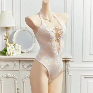 White lace bodysuit lingerie with halter neck, deep V-cut and rhinestone details