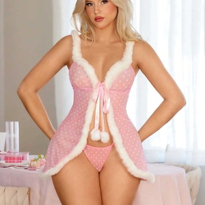 Ensemble lingerie rose à pois avec bordure en fausse fourrure blanche et nœud