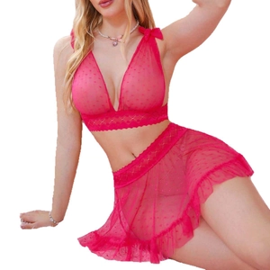 Ensemble lingerie rose en maille sexy avec pois, bordure dentelle et col en V plongeant
