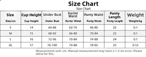 Detailed size chart for yellow floral lingerie set including bra, garter and panty measurements