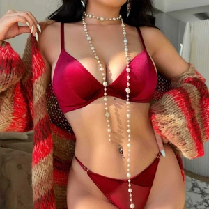 Sexy Satin Velvet Lingerie For Women Triangle Cup Bra And Thong Lingerie Lingerie With Mesh Splicing For Valentine Day