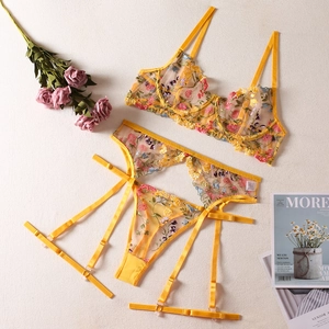 Macro shot of yellow sheer mesh lingerie set with intricate floral embroidery details