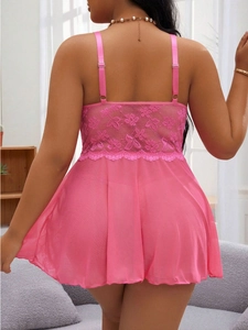 Detail of pink plus size lace nightgown showing sheer mesh back and adjustable straps