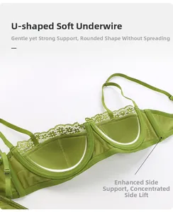 Detailed macro view of U-shaped soft steel ring support and lace trim on green bra