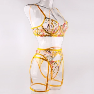 Detailed embroidery on sheer mesh yellow floral lingerie set with garters and thong