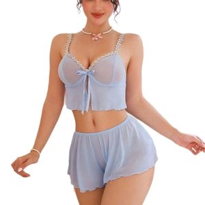 Light blue two-piece pajama set with floral lace embroidery and delicate mesh tulle