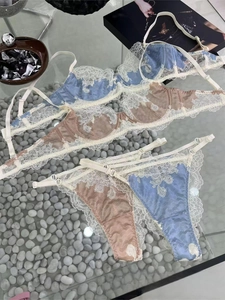 Ensembles de lingerie en dentelle bleu poudré et rose champagne sur fond de pierre