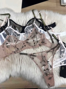 Détail à plat d'ensembles de lingerie en tulle transparent avec broderies florales