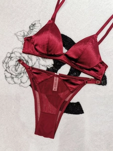 Detail view of burgundy satin lingerie set with triangle bra and sheer mesh thong
