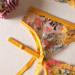 Detail of yellow floral embroidery on sheer mesh with adjustable metal lingerie straps
