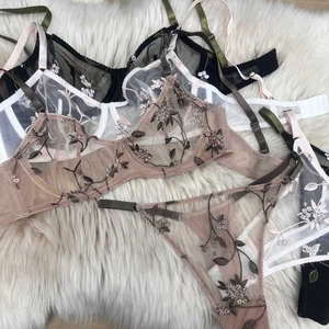 Détail d'un ensemble de lingerie en mesh transparent avec broderies florales élégantes