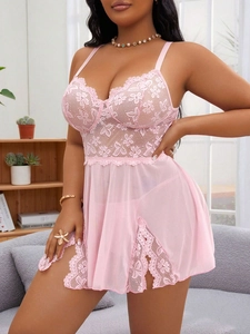 Close-up of pink lace floral babydoll nightgown with sheer mesh and side split detail