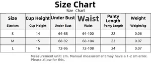 Detailed size chart for sexy lace lingerie set with S, M, and L measurements in cm