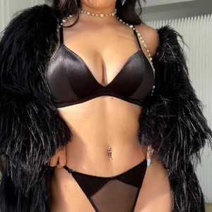 Lace and satin mesh lingerie set in black with velvet trim and decorative shawl
