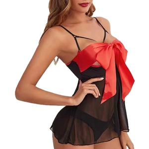 Lingerie babydoll sexy in rete nera con grande fiocco di raso rosso e spalline
