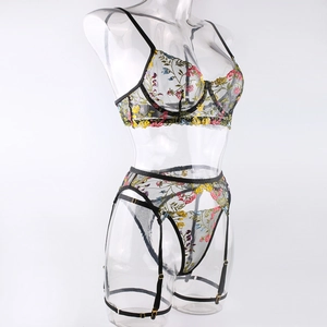 Detailed view of floral embroidery on sheer mesh lingerie with adjustable garters