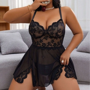 Plus Size Women Sexy Lace Mesh Splicing Babydoll Lingerie Top And Bottom Spaghetti Strap Slit Nightgown Home Sleepwear
