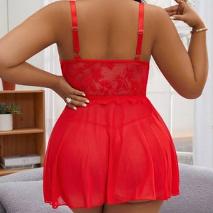 Sexy red lace babydoll nightwear with sheer mesh back and adjustable straps for women