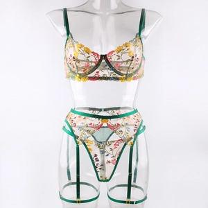 Detailed embroidery with colorful floral patterns on sheer green mesh lace lingerie set