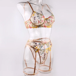 Detailed close-up of floral embroidery on sheer mesh lingerie with adjustable straps