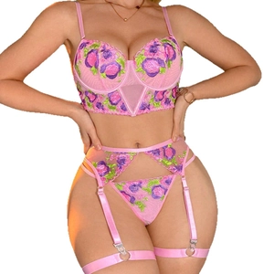 Ensemble lingerie sexy en dentelle rose avec broderie florale et porte-jarretelles