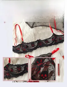 Détails de soutien-gorge gothique en dentelle avec broderie tête de mort rouge et résille