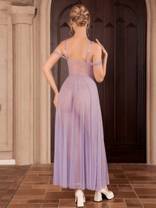 Detail of sheer purple lace nightgown featuring back view of long tulle mesh and straps