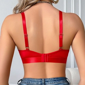Soutien-gorge push-up en satin rouge sexy avec strass brillants et doubles bretelles