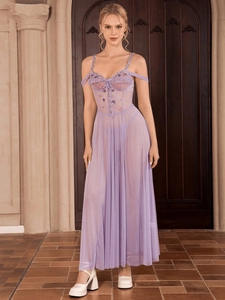Detail of lavender mesh sleepwear with floral embroidery and elegant lace sleeves