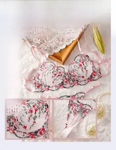 Détail de l'ensemble de lingerie rose en tulle avec broderie florale et dentelle